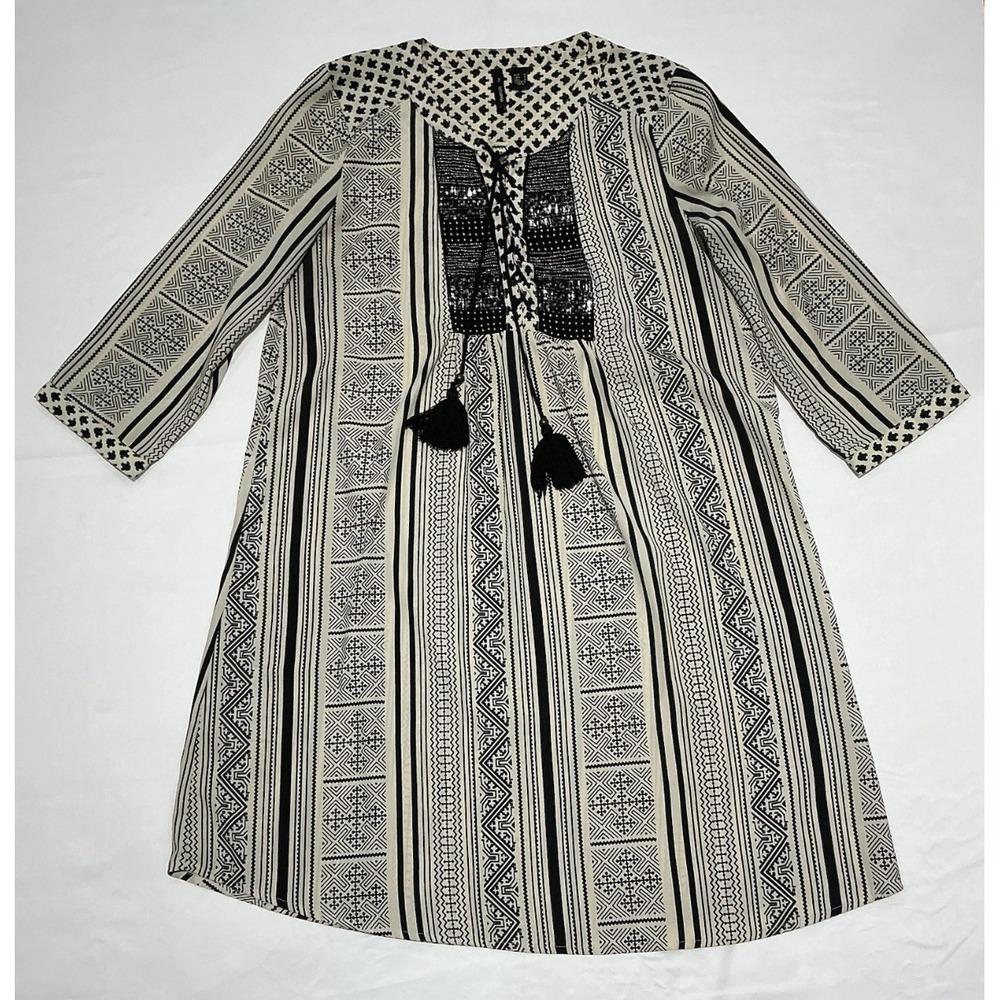 Mango Midi Dress Womens 6 White Black Boho Aztec Tunic Made in India